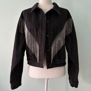 STEVE MADDEN DARK DENIM JEAN JACKET SPARKLY RHINESTONE FRINGE (WOMEN'S LARGE)